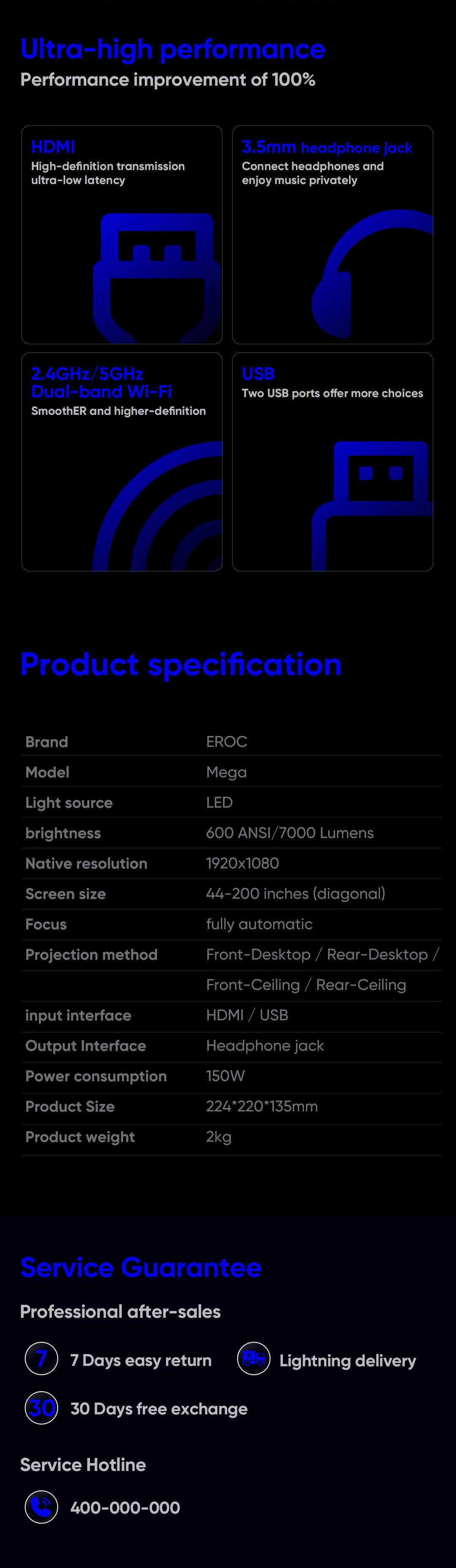 EROC - MEGA Projector Full HD 600 ANSI Android 9 OS 200 Screen BT5.0 Wifi 2.4 + 5G Fully Auto Focus